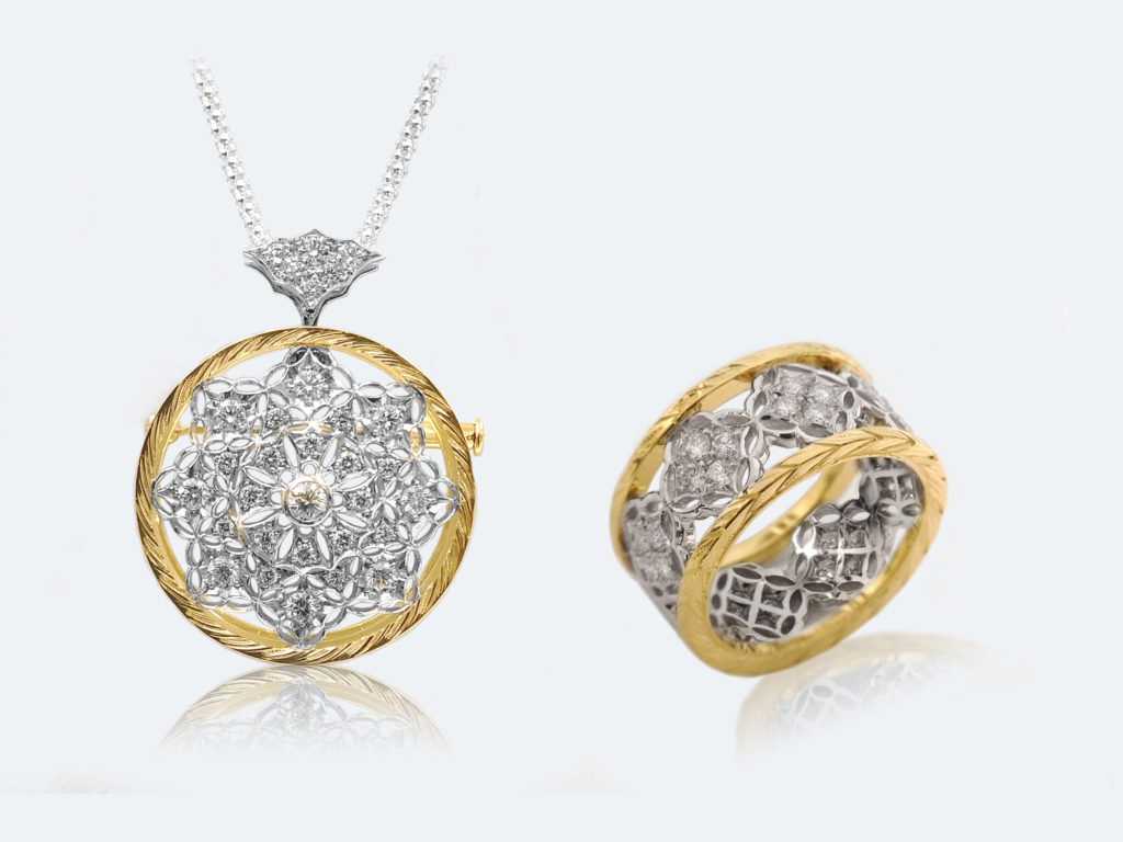 フィレンツェ透かし彫りのダイヤペンダントとリング